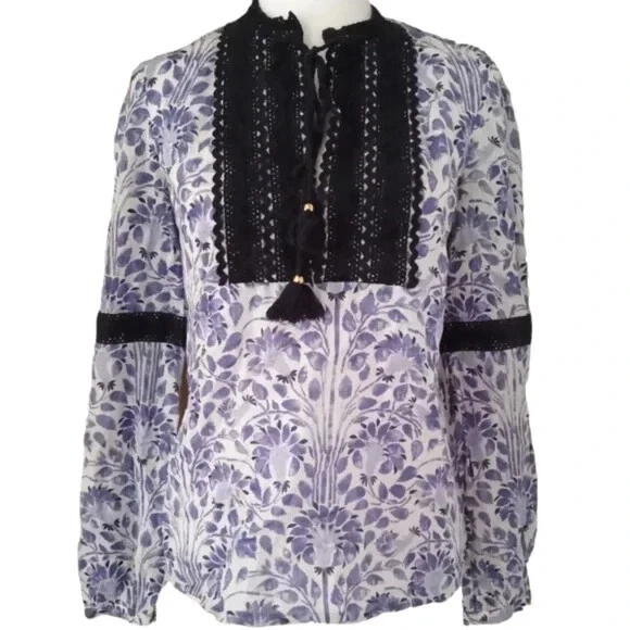 Top tunica nappe Tory Burch Gracelynn blu Jay Nerina nuovo con etichette taglia 10 prezzo al pubblico consigliato $275