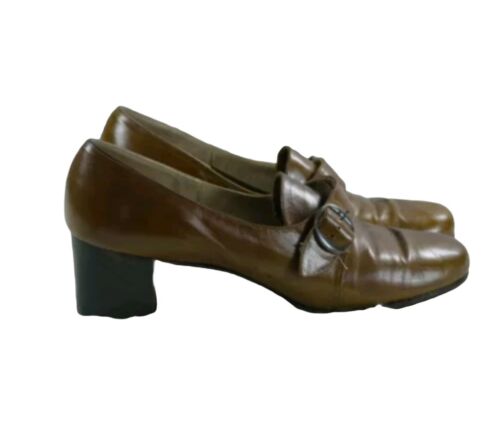 vintage 1970s Florsheim womens cognac leather buckle heels 9AAAA narrow - Afbeelding 1 van 8