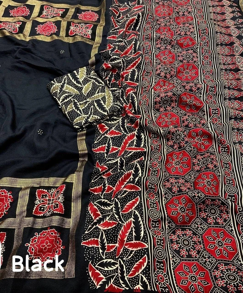 Women Soft Pashmina Traditional Saree Indian Designer Sari with Unstitch Blouse - Image 3 of 4