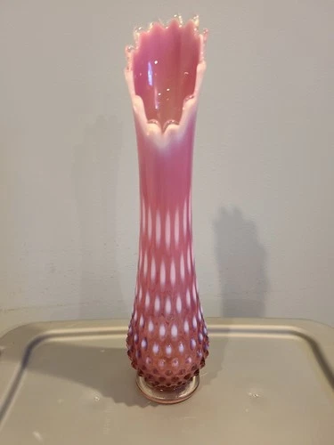 Fenton Plum Hobnail Opalescent Glass Swung Vase 14" MCM