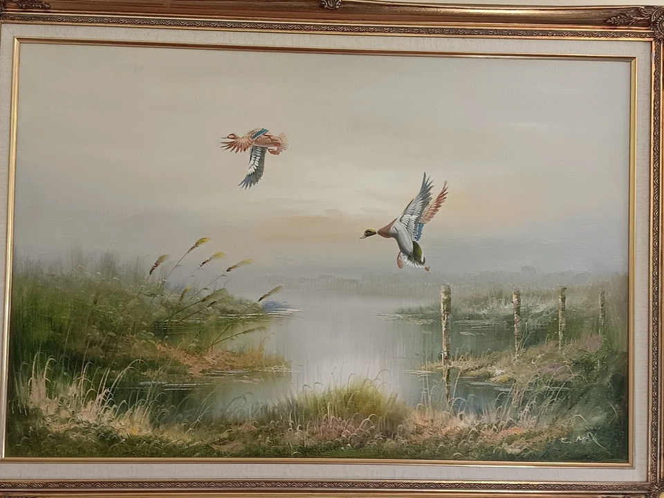 Vintage Framed Flying Mallard Ducks Oil Painting Signed E. Max Wildlife Art OOAK - Image 3 of 4