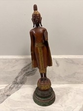 Antique 19th Century Carved Polychrome Wood Fine Buddha Statue Tilted 15.5"