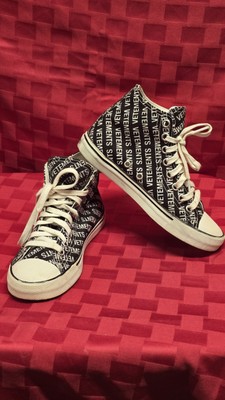 VETEMENTS Black/White Logo Print Canvas Hi-Top Sneakers Size 6