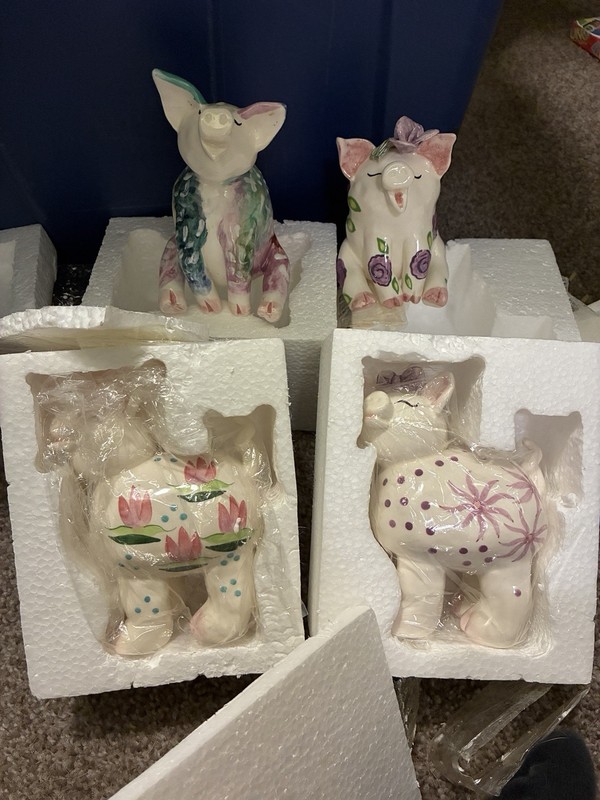 Hand Painted Ceramic Pig Figurines Set of 4 White Floral Pattern