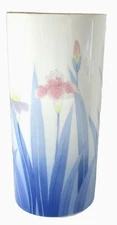 Vintage Pink Orchid Flowers Blue Leaves Porcelain Vase Gold Rim 8-1/2"