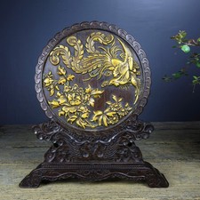 Statua ornamento schermo uccellino fiore giallo bambù intarsiato legno di sandalo retrò 9,5"