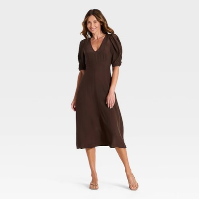 Women's Ruched 3/4 Sleeve Midi Dress - A New Day Brown M