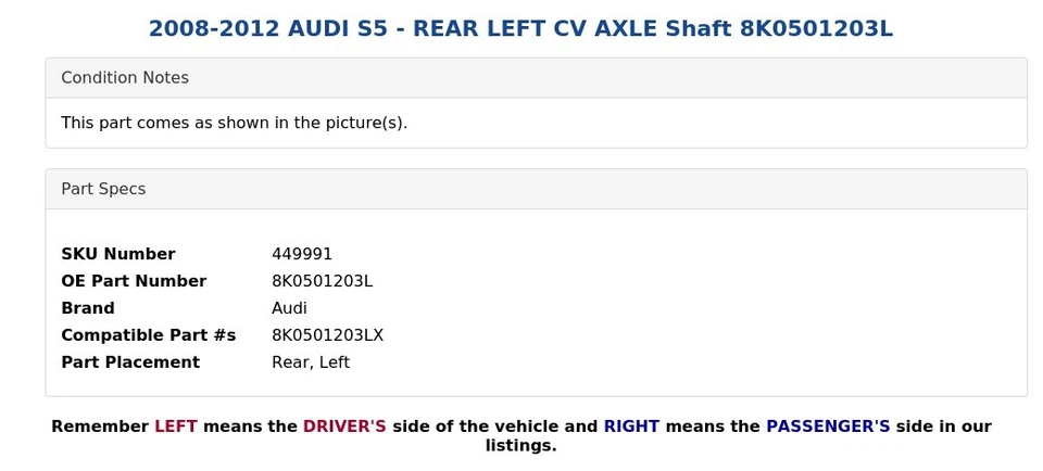 AUDI S5 2008-2012 - EJE CV TRASERO IZQUIERDO eje 8K0501203L Foto 4 de 4