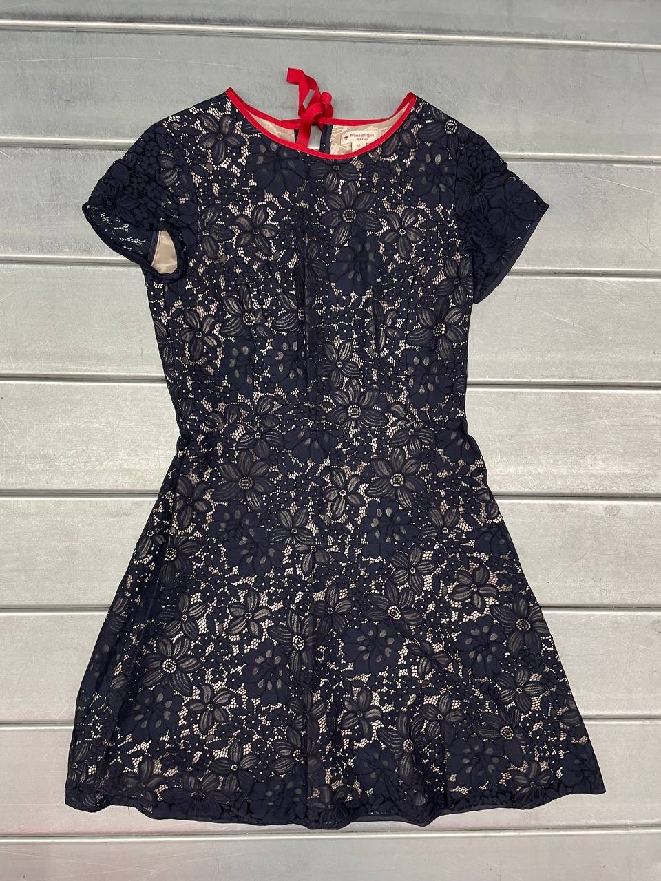 Brooks Brothers Fit And Flare Dress Womens 10 Navy A-Line Floral Red Trim Lined