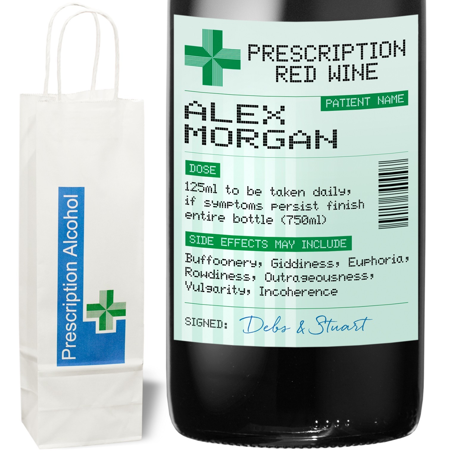 Personalised Prescription Label for Wine, Vodka, Gin, Whisky, Rum with gift bag