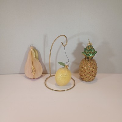 3 Glass Christmas Ornaments Fruit Pineapple Pear Lemon