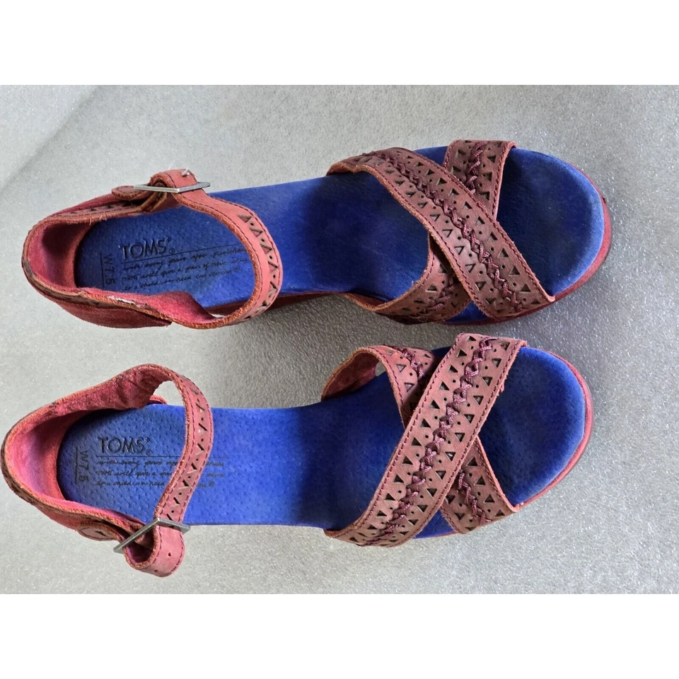 Toms Strappy Wedge Platform Sandals Size 7.5 Leather Espadrille Wedge Red/Blue - Image 2 of 4