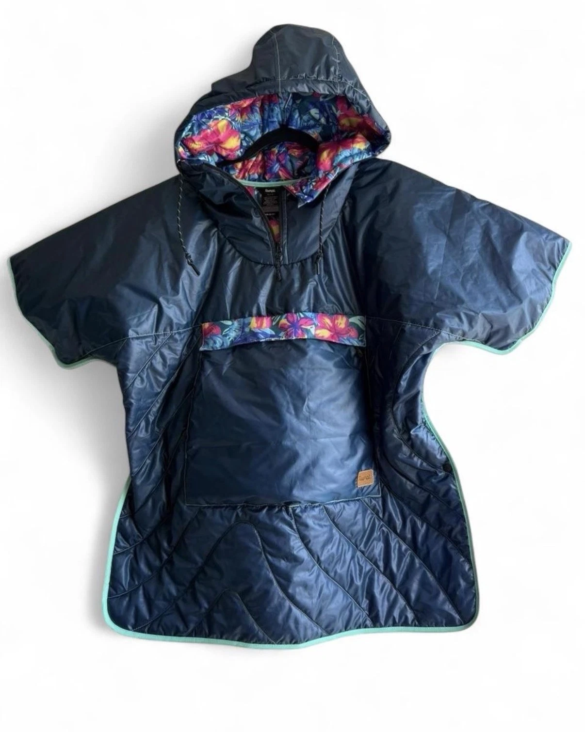 Rumpl Original Puffy Poncho Jacket One Size Blue Floral Reversible Packable