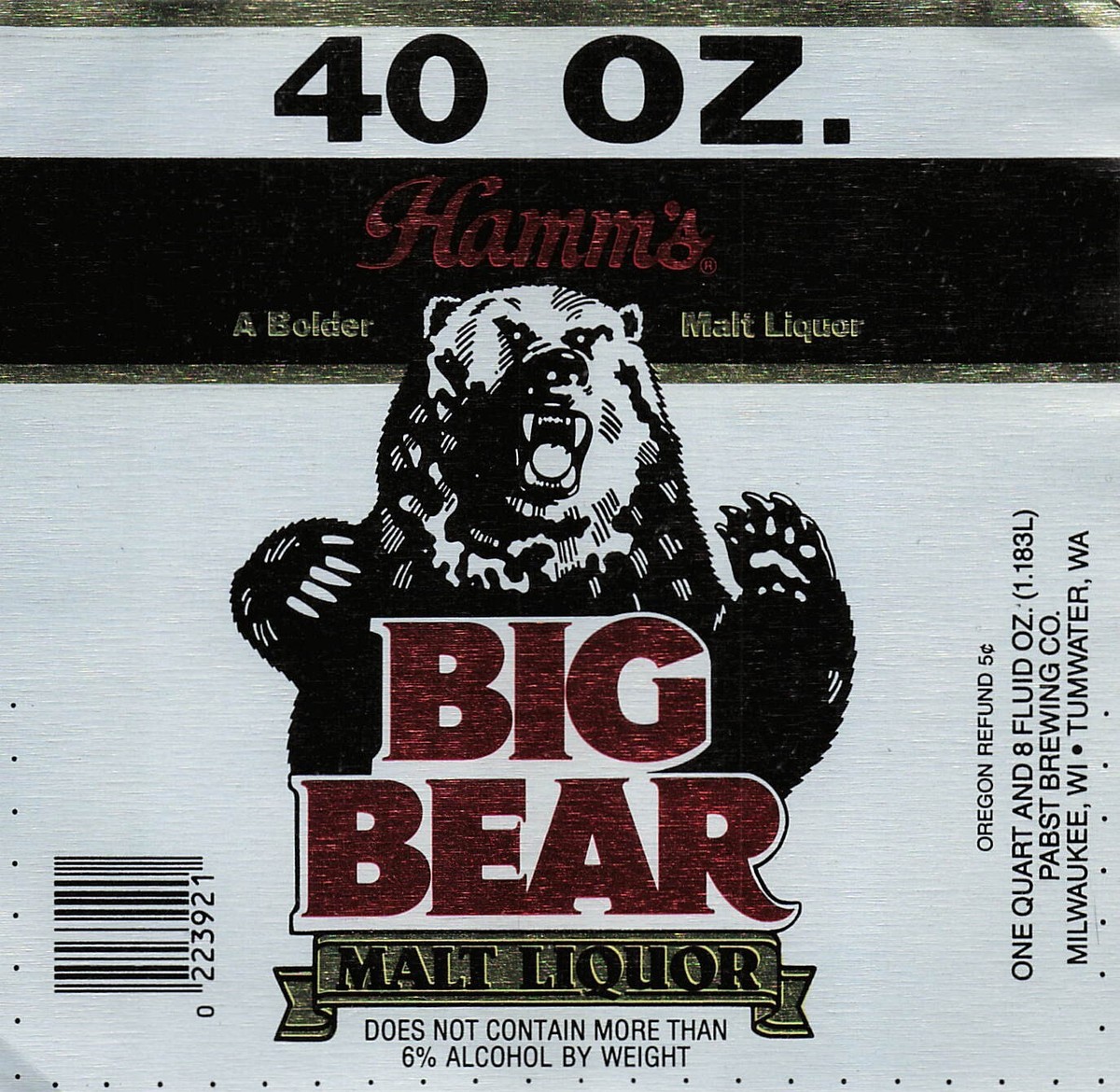 Hamms Big Bear Malt Liquor Vintage 40 Oz Beer Label Pabst Brewing