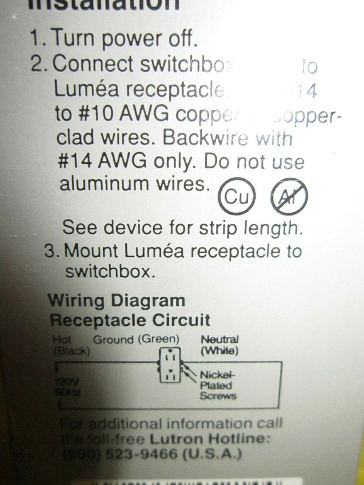 LUTRON LURR-15 LUMEA IVORY NEMA 5-15R 125V 15AMP 2-POLE 3-WIRE DUPLEX RECETPACLE - Image 2 of 4