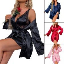 Sexy Women Satin Silk Robe Belt Set Babydoll Lingerie Kimono Nightgown Sleepwear