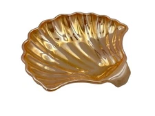 Vintage Sea Shell-Shaped Marigold Carnival Glass Trinket Dish Decor 6.5"