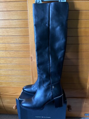 Tommy Hilfiger Black Leather Over Knee Boots, Size UK 6, EU 39