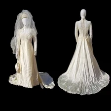 Vintage 60s Priscilla Boutique ivory wedding train gown+hat-weil-purse set w26"