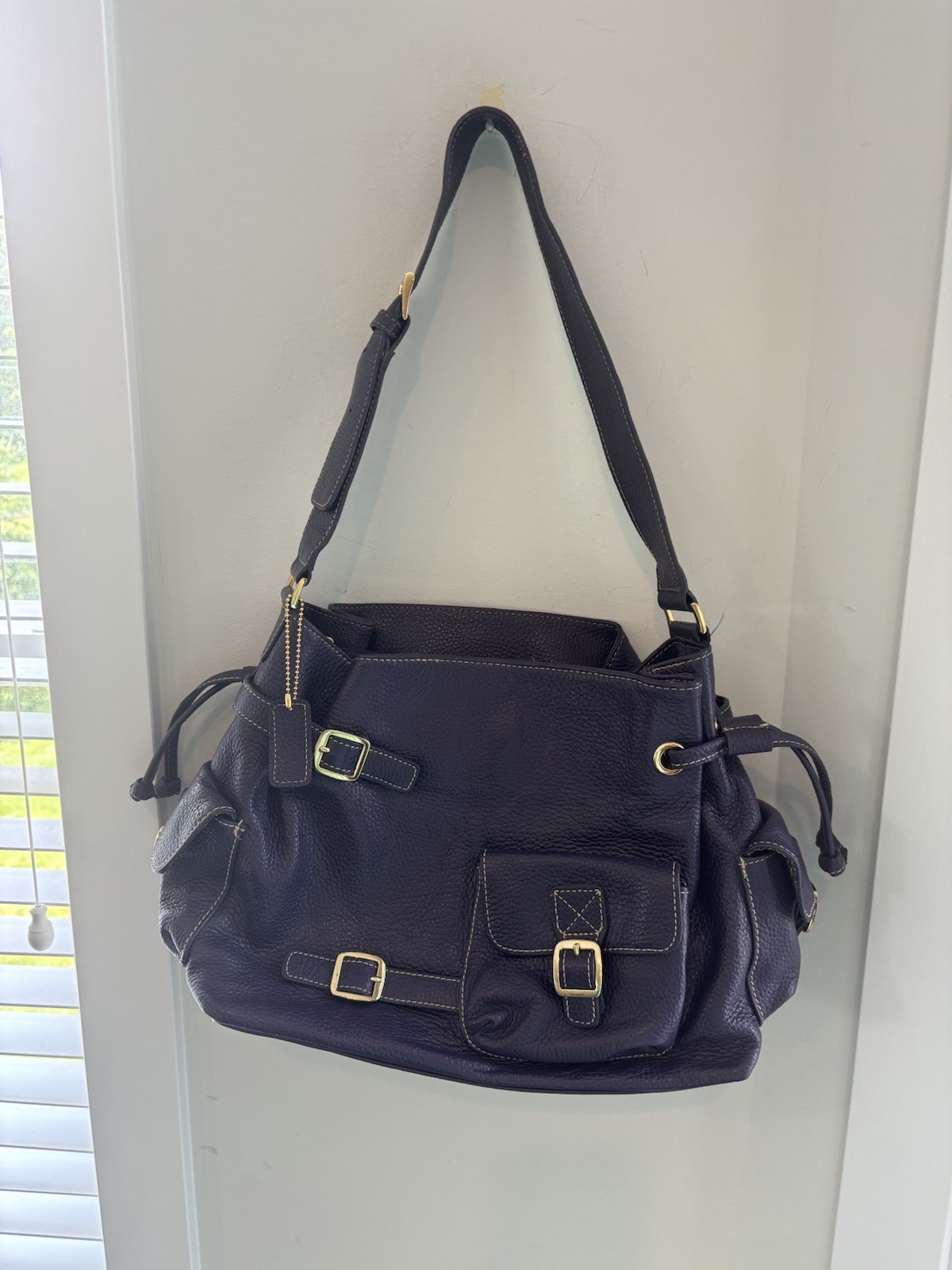 MAXX New York Purse Purple Pebbled Leather Buckle Strap Handbag Shoulder Bag