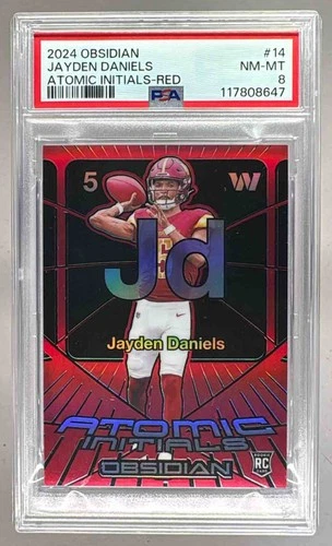 8647 Jayden Daniels 2024 Panini Obsidian #14 Red Atomic Initials RC /75 PSA 8