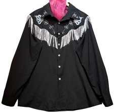 Womens Western Cowboy Costume Shirt Long Sleeve Size M Black White Fringed