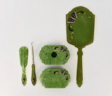 Antique 1920s 30s Celluloid Marbled Green Butterfly Rhinestone Vanity 5pc Set