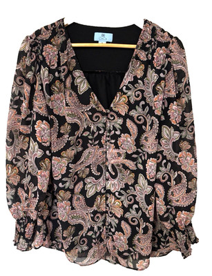 CeCe Women s Printed Long Sleeve V-Neck Blouse Black Size XL