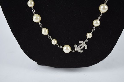 Authentic Chanel Crystal CC Long Pearl Necklace Mint Condition w