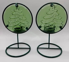 Unique Green Glass Tea Light Holders With Christmas Tree & Gift Design