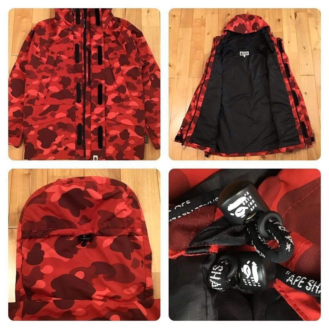 A BATHING APE (BAPE) Felpa con cappuccio BAPE rossa mimetica giacca snowboard A Bathing Ape taglia M felpa con cappuccio mimetica