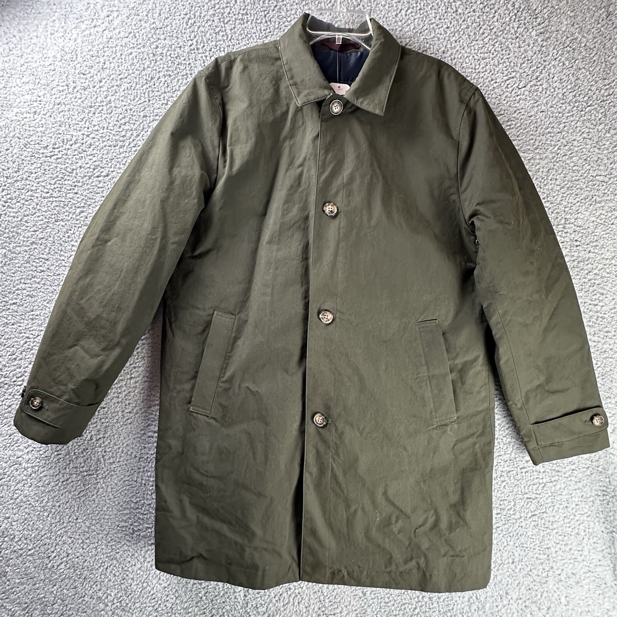 Bonobos Rain Coat Mens Large Olive Green Lined Mac Jacket Canvas