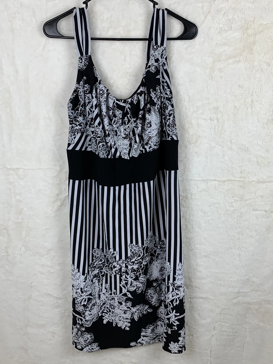 Dress Barn Midi Vertical Striped Black and White Floral Dress Plus