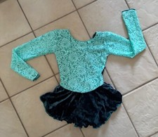 NEW GIRLS Mint SEQUIN Lace TEAL VELVET Competition FIGURE ICE SKATING DRESS