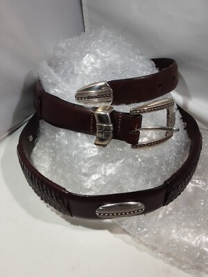 BRIGHTON LEATHER WOVEN BRAIDED BELT SILVER TONE BUCKLE SIZE 38 Vintage 90s Brighton Brown Woven Leather/crock Embossed  main image 4