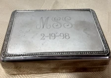 Jewelry box in Silver Plate with Monogram MSS and dated Feb 19 1998 Blue Lining