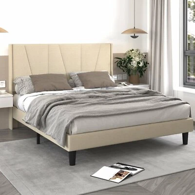 Sifurni King Platform Bed Frame with Upholstered Geometric Wingback, Light Beige