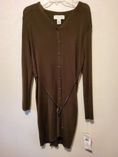 NWT! Norton Brown Ribbed Long Sleeve V Neck Full Button Up Dress w/belt sz Large