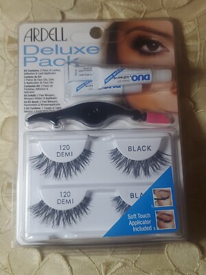 ARDELL-DELUXE PACK- 2 PAIR LASHES-ADHESIVE & LASH APPLICATOR-120 DEMI BLACK-NEW!