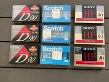 Vintage 9 Hi-Fi Recording Cassettes SONY, TDK, SCOTCH — Each 90 Min. Unopened