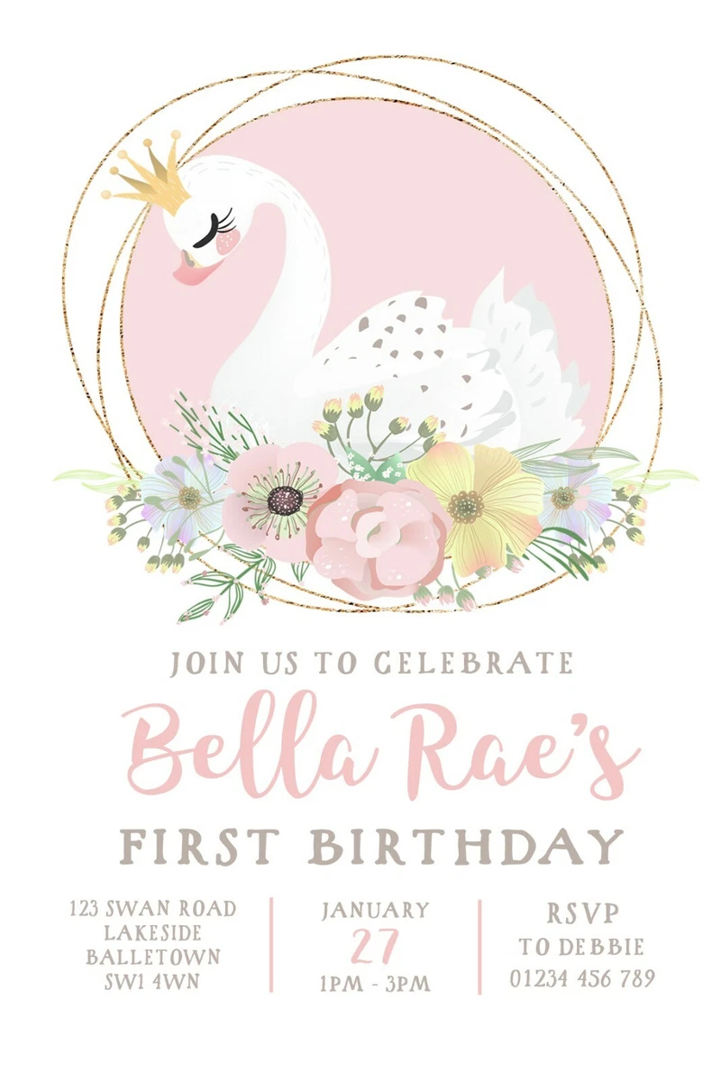 10 PERSONALISED PRINCESS SWAN BIRTHDAY PARTY INVITATIONS FIRST