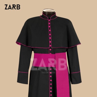 Black Clergy Cassock with Magenta Trim - Custom Made Priest Vestments Robe