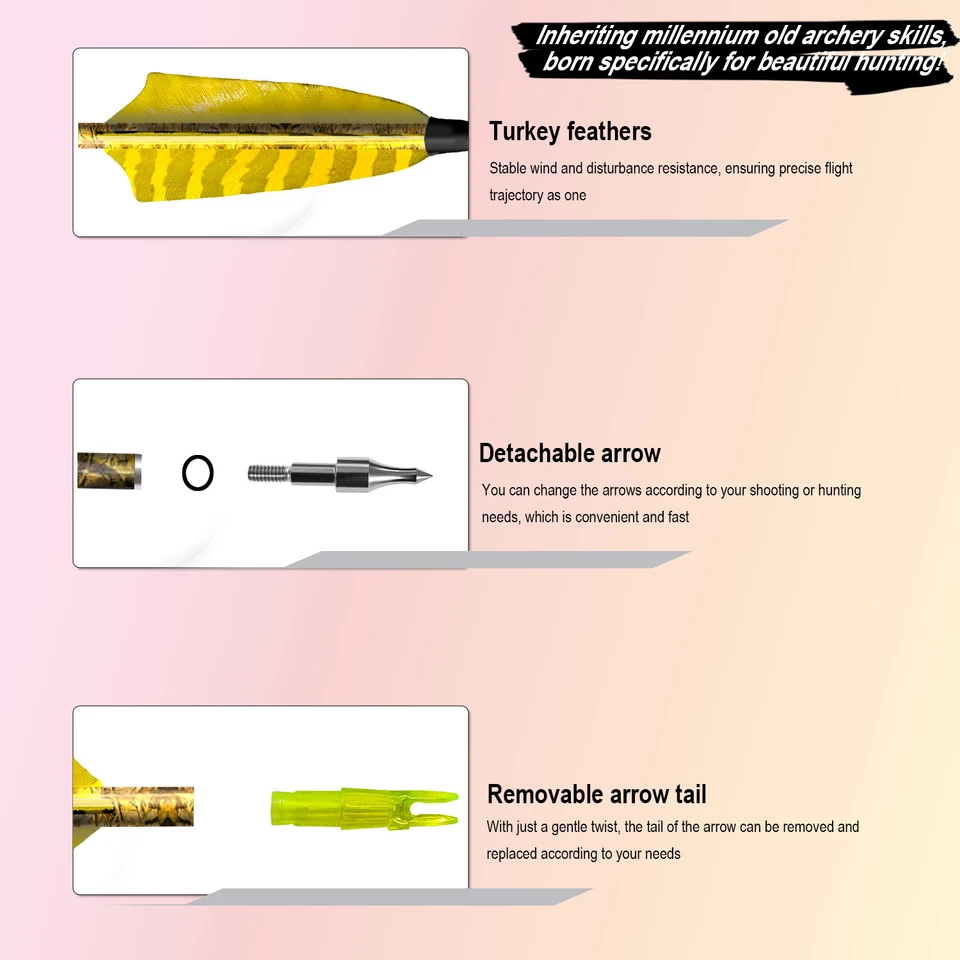 12Pcs True Feather 31" Camouflage Carbon Arrow Compound 300 Spine Broadheads bow - Image 2 of 4