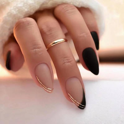 Black Matte Almond Press On Nails   24pcs French Tip Fake Nails with Glue