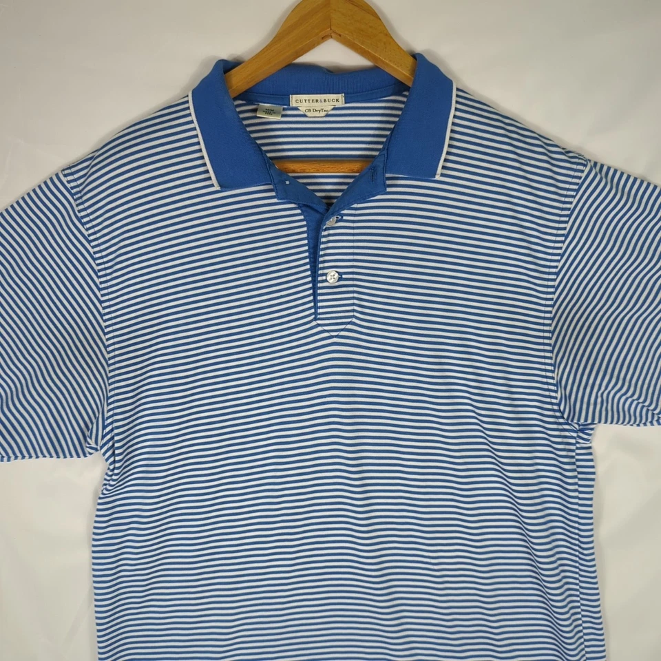 CUTTER & BUCK CB DRYTEC Blue White Striped Polo Golf SHIRT Men's M - Image 2 of 4