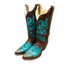 Corral Boots Women's 6.5M Brown Turquoise Embroidered Western Leather Snip Toe