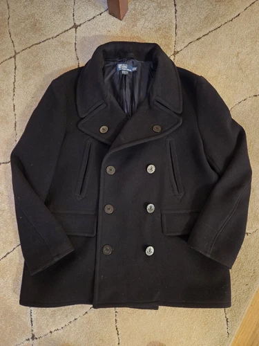 Polo Ralph Lauren Jacket Mens XLT Navy Peacoat Heavy Wool Double Breasted NICE! video thumbnail