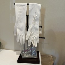White Cotton Elbow Length Evening Gloves W/ 3 Pearl Closure Buttons