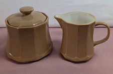 Vintage Japan Creamer & Sugar Bowl Set Mid Century Modern Tan Ceramic Stoneware