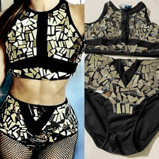 Glamour dance costume green broken glass two-piece silver embellishment XLA/LA